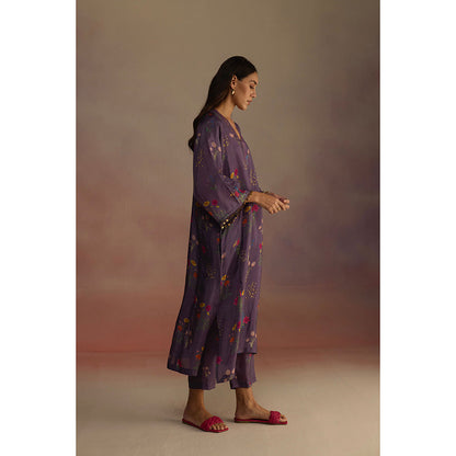 Roza Purple Zaira Floral Print Long Kurta with Pant (Set of 2)