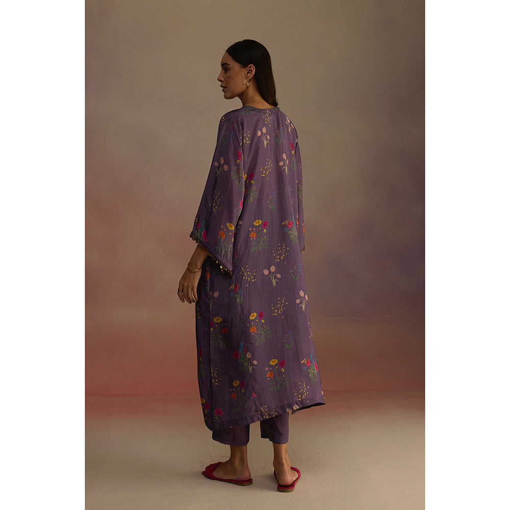 Roza Purple Zaira Floral Print Long Kurta with Pant (Set of 2)
