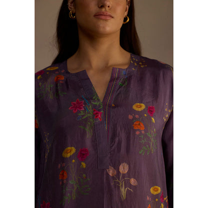 Roza Purple Zaira Floral Print Short Kurta with Salwar (Set of 2)