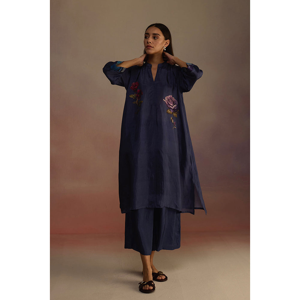 Roza Navy Blue Clover Floral Print Kurta with Palazzo (Set of 2)