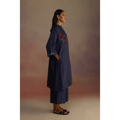 Roza Navy Blue Clover Floral Print Kurta with Palazzo (Set of 2)