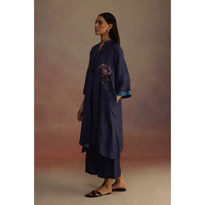 Roza Navy Blue Clover Floral Print Kurta with Palazzo (Set of 2)