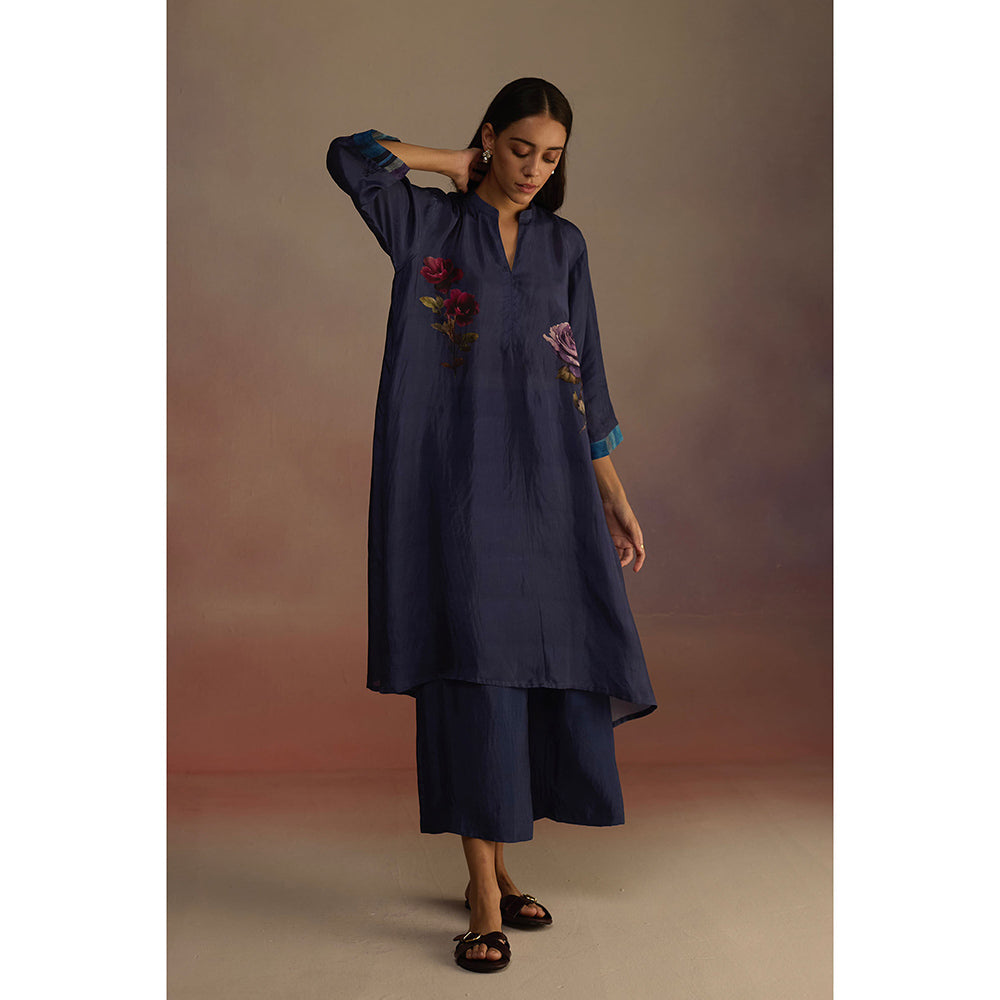 Roza Navy Blue Clover Floral Print Kurta with Palazzo (Set of 2)