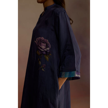 Roza Navy Blue Clover Floral Print Kurta with Palazzo (Set of 2)