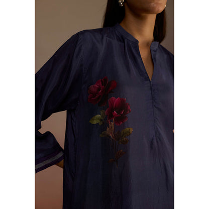 Roza Navy Blue Clover Floral Print Kurta with Palazzo (Set of 2)