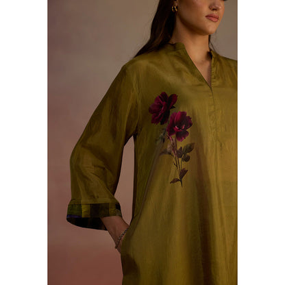 Roza Olive Clover Floral Print Kurta with Palazzo (Set of 2)