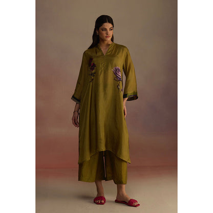 Roza Olive Clover Floral Print Kurta with Palazzo (Set of 2)