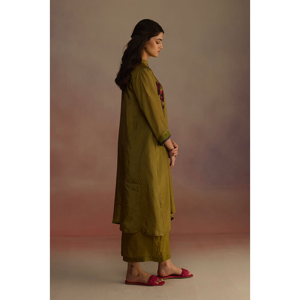 Roza Olive Clover Floral Print Kurta with Palazzo (Set of 2)