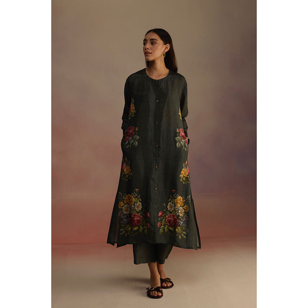 Roza Green Gladioly Floral Printed Kurta with Pant (Set of 2)