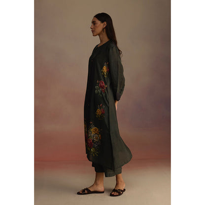 Roza Green Gladioly Floral Printed Kurta with Pant (Set of 2)