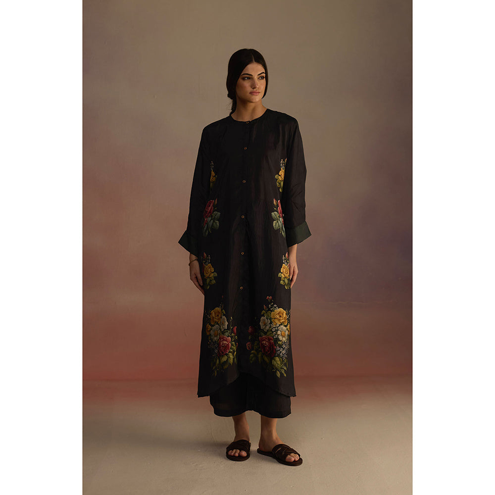 Roza Black Gladioly Floral Printed Kurta with Pant (Set of 2)