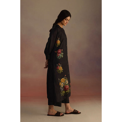 Roza Black Gladioly Floral Printed Kurta with Pant (Set of 2)