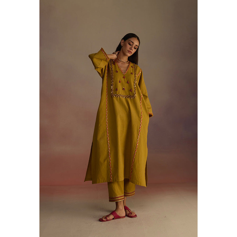 Roza Mustard Amber Embroidered Kurta with Pant (Set of 2)