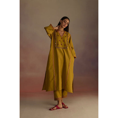 Roza Mustard Amber Embroidered Kurta with Pant (Set of 2)