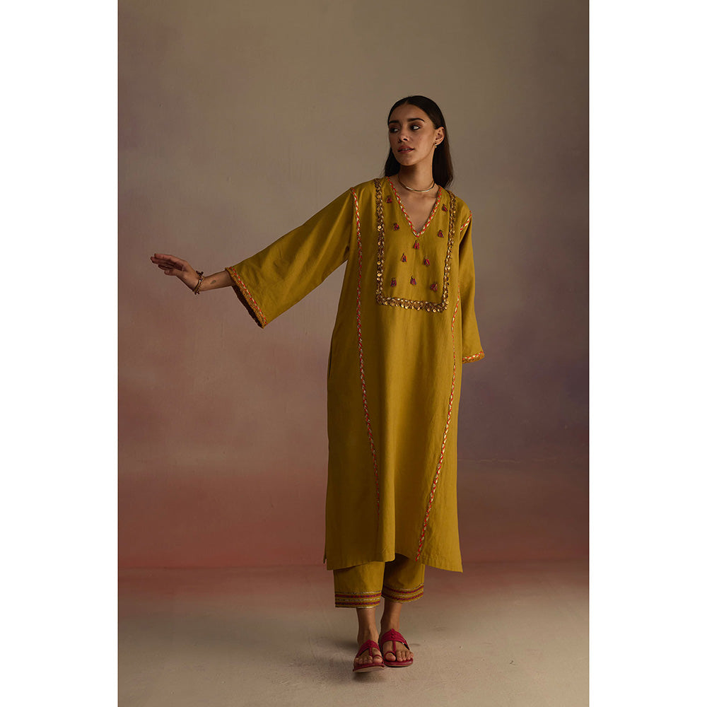 Roza Mustard Amber Embroidered Kurta with Pant (Set of 2)