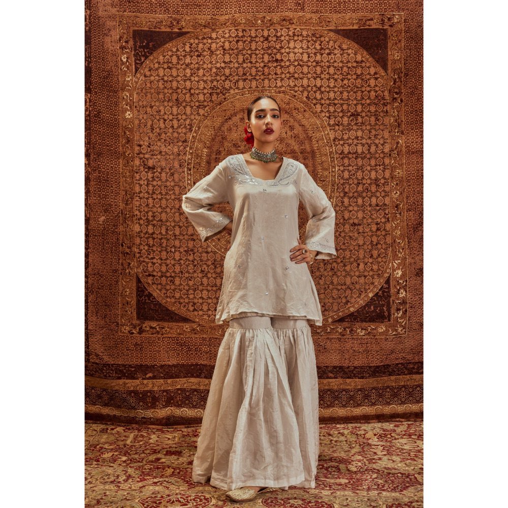 Roze Nusrat Silver Embroidered Kurta with Sharara (Set of 2)