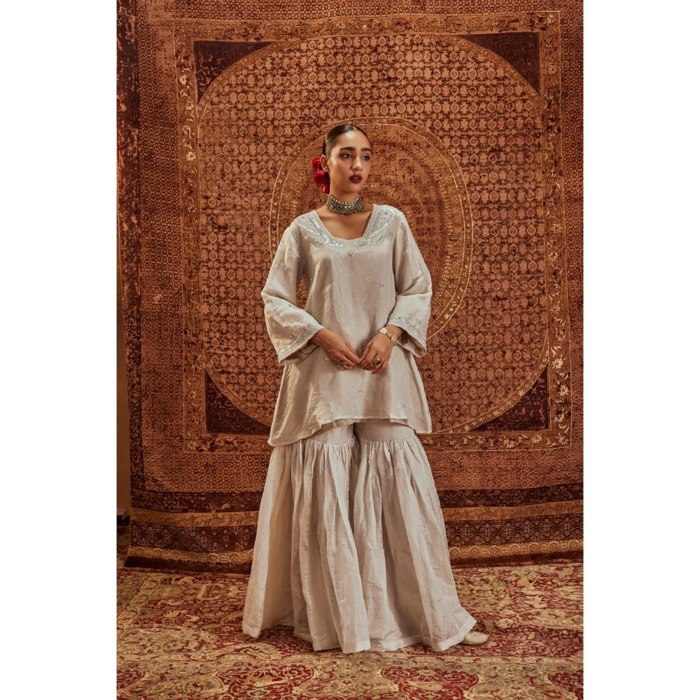 Roze Nusrat Silver Embroidered Kurta with Sharara (Set of 2)