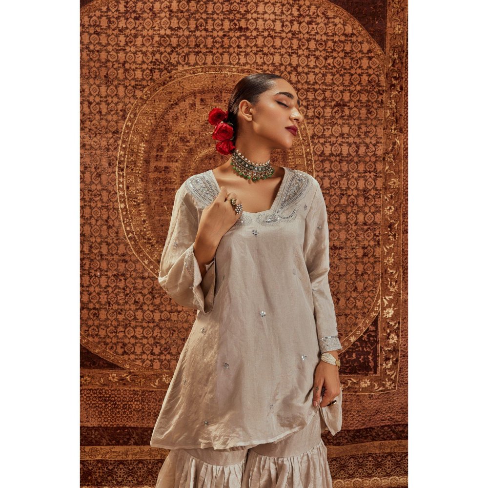 Roze Nusrat Silver Embroidered Kurta with Sharara (Set of 2)
