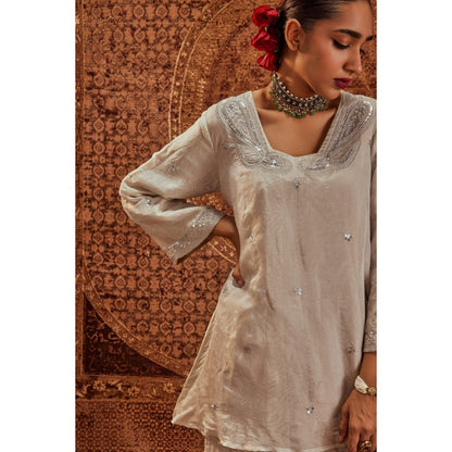 Roze Nusrat Silver Embroidered Kurta with Sharara (Set of 2)