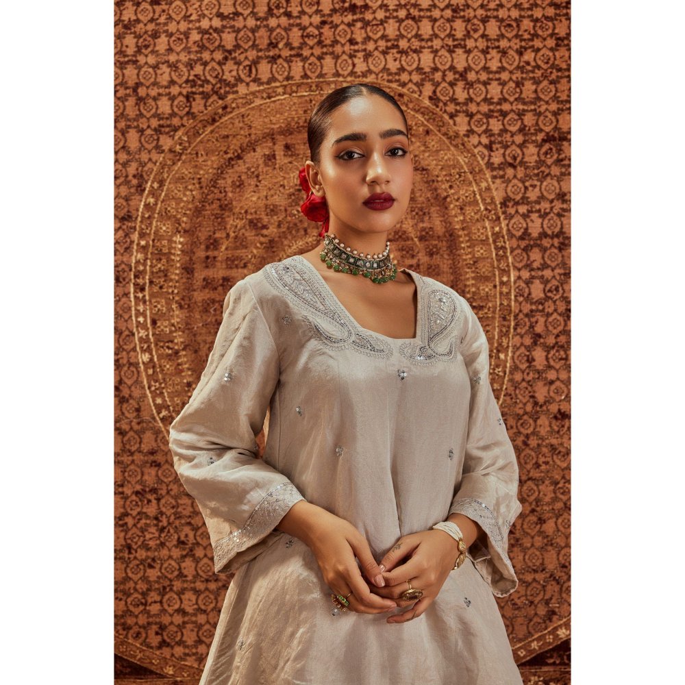 Roze Nusrat Silver Embroidered Kurta with Sharara (Set of 2)