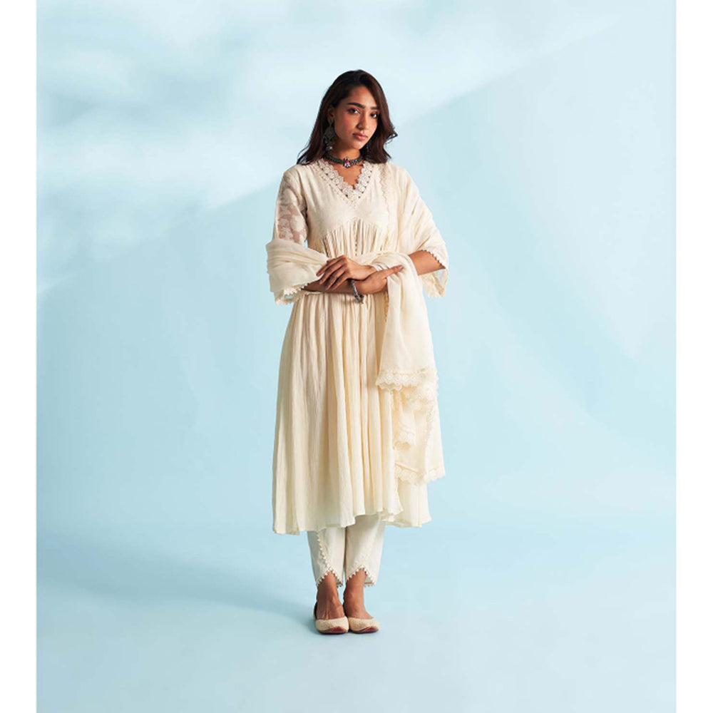 Roze Arisha Ivory Anarkali Kurta with Tulip Pant and Dupatta (Set of 3)