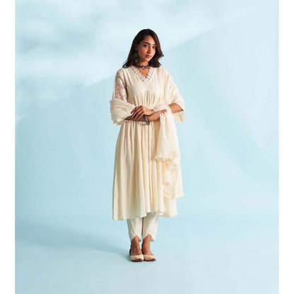 Roze Arisha Ivory Anarkali Kurta with Tulip Pant and Dupatta (Set of 3)