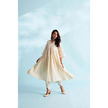 Roze Arisha Ivory Anarkali Kurta with Tulip Pant and Dupatta (Set of 3)