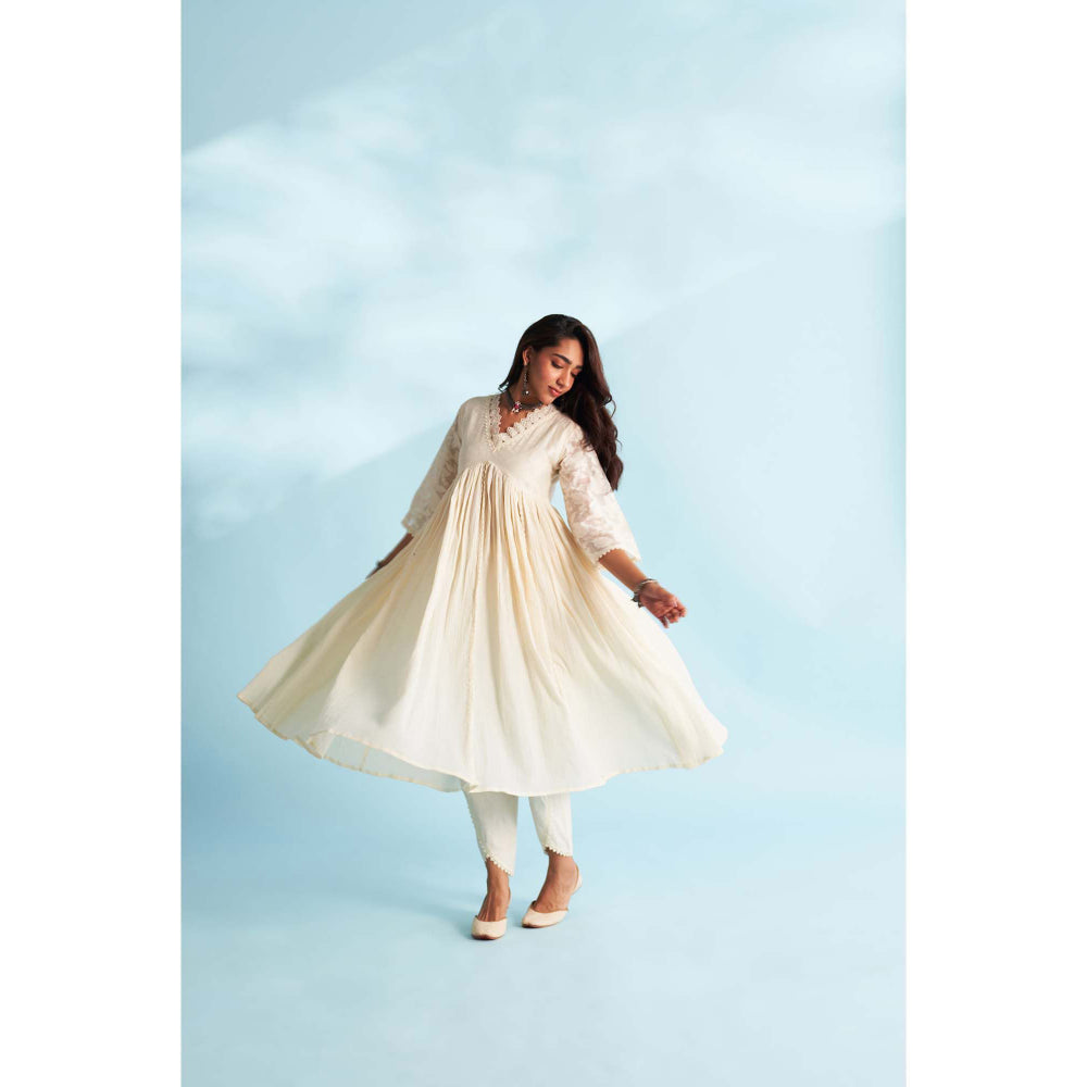 Roze Arisha Ivory Anarkali Kurta with Tulip Pant and Dupatta (Set of 3)