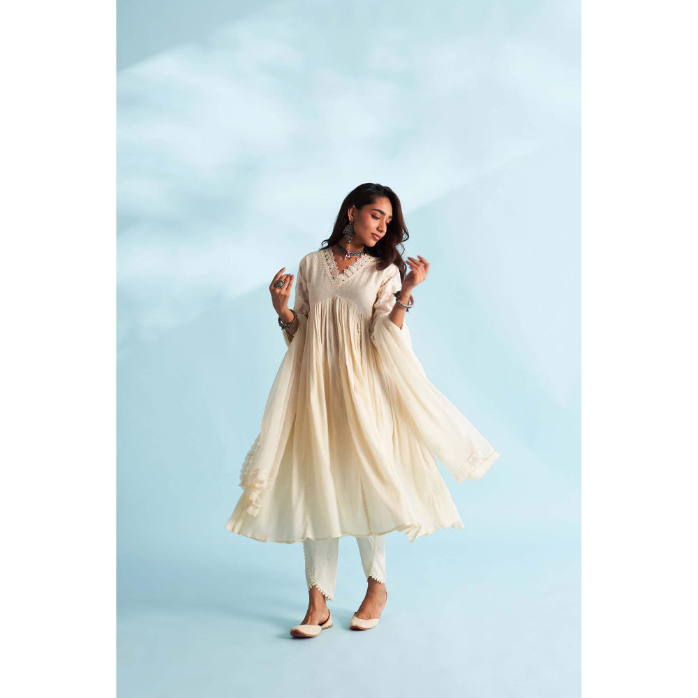 Roze Arisha Ivory Anarkali Kurta with Tulip Pant and Dupatta (Set of 3)