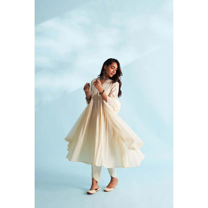 Roze Arisha Ivory Anarkali Kurta with Tulip Pant and Dupatta (Set of 3)