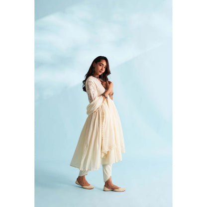 Roze Arisha Ivory Anarkali Kurta with Tulip Pant and Dupatta (Set of 3)