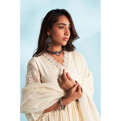Roze Arisha Ivory Anarkali Kurta with Tulip Pant and Dupatta (Set of 3)