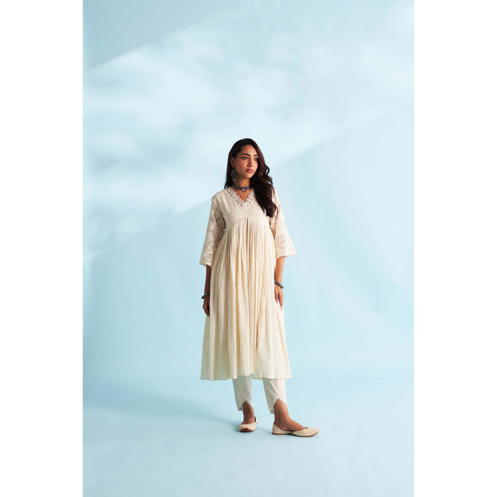 Roze Arisha Ivory Anarkali Kurta with Tulip Pant and Dupatta (Set of 3)