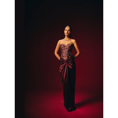 Roze Amara Wine Embroidered Corset Top with Skirt