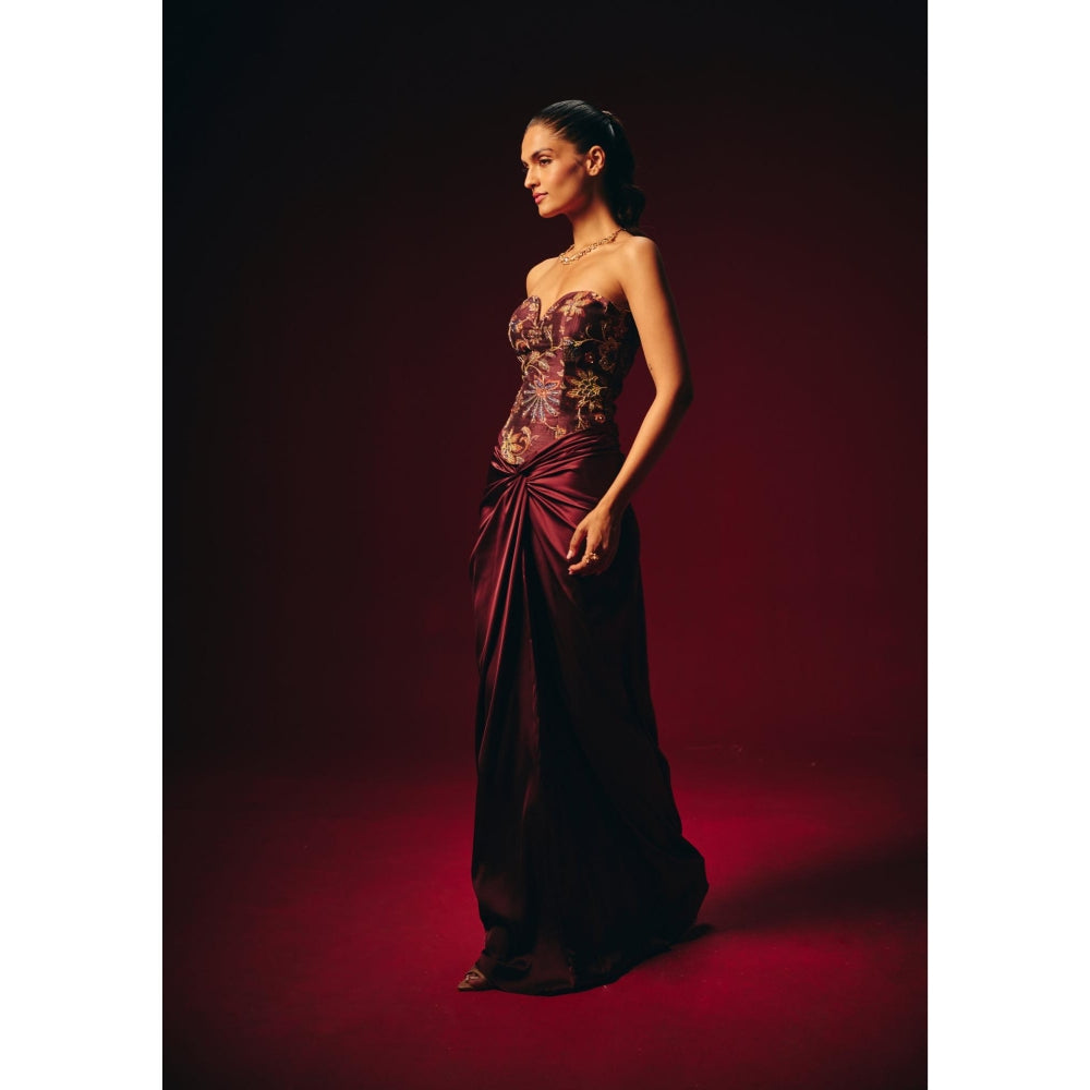 Roze Amara Wine Embroidered Corset Top with Skirt