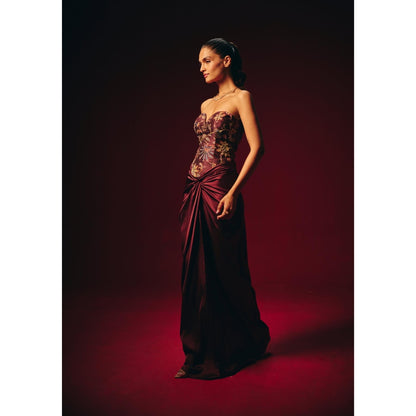 Roze Amara Wine Embroidered Corset Top with Skirt