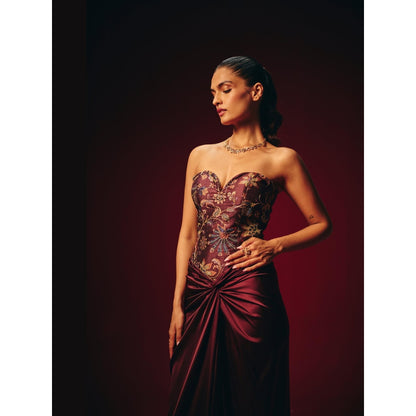 Roze Amara Wine Embroidered Corset Top with Skirt