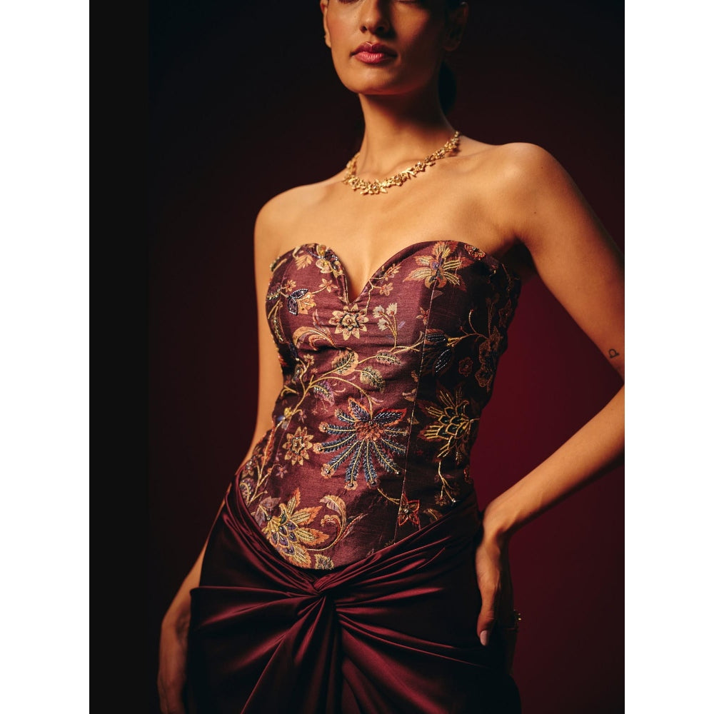 Roze Amara Wine Embroidered Corset Top with Skirt