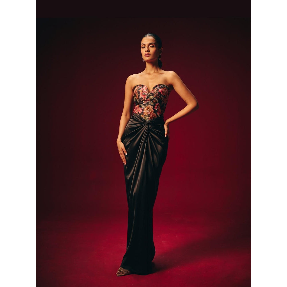 Roze Tisya Black Embroidered Corset Top with Skirt