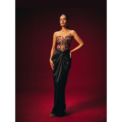 Roze Tisya Black Embroidered Corset Top with Skirt