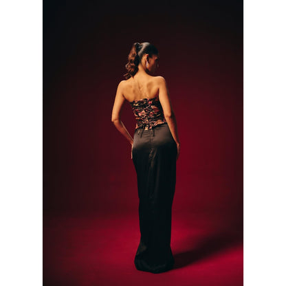 Roze Tisya Black Embroidered Corset Top with Skirt