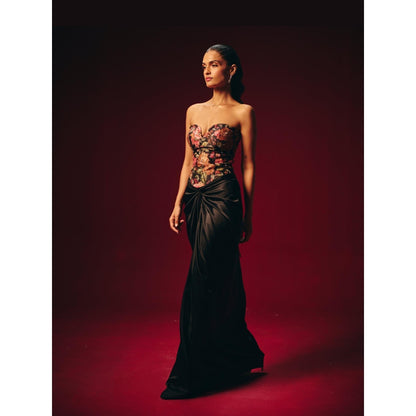 Roze Tisya Black Embroidered Corset Top with Skirt
