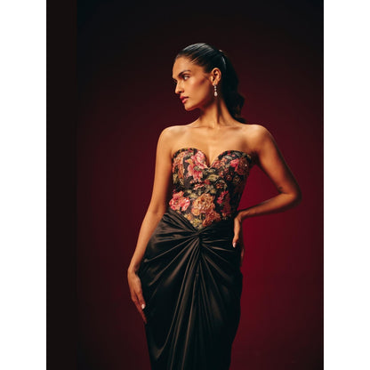 Roze Tisya Black Embroidered Corset Top with Skirt
