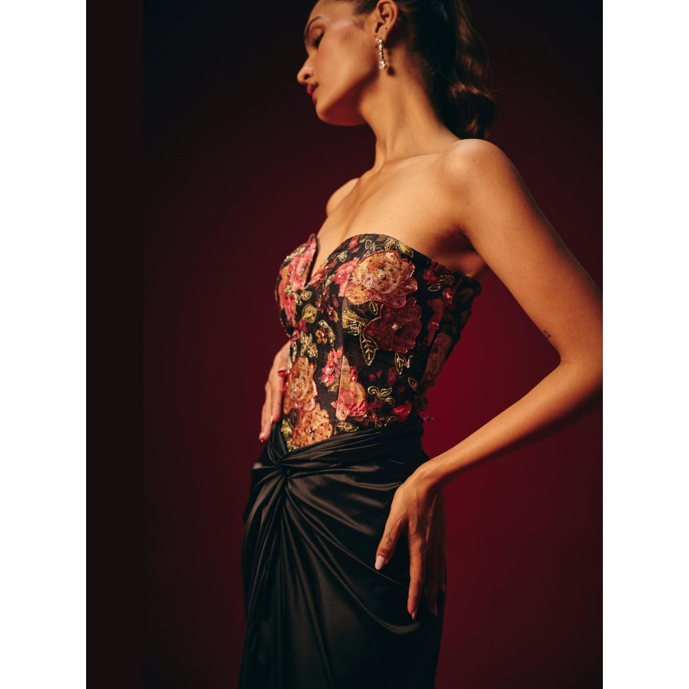 Roze Tisya Black Embroidered Corset Top with Skirt