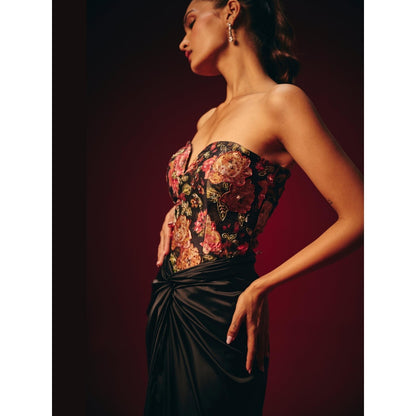 Roze Tisya Black Embroidered Corset Top with Skirt