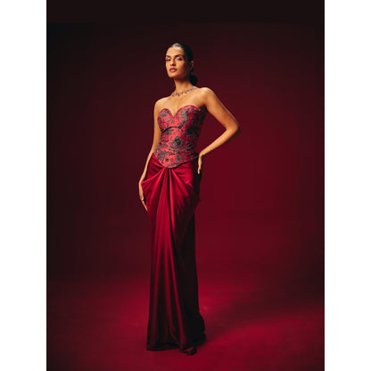 Roze Zyra Red Embroidered Corset Top with Skirt