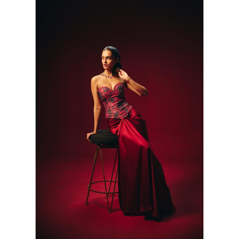 Roze Zyra Red Embroidered Corset Top with Skirt