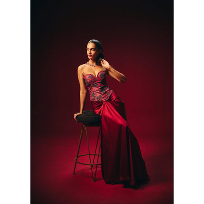 Roze Zyra Red Embroidered Corset Top with Skirt