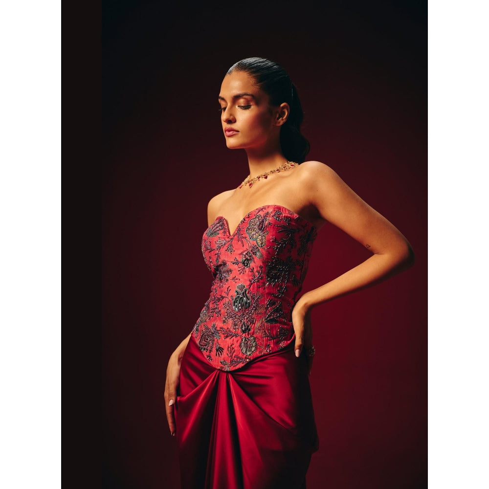 Roze Zyra Red Embroidered Corset Top with Skirt