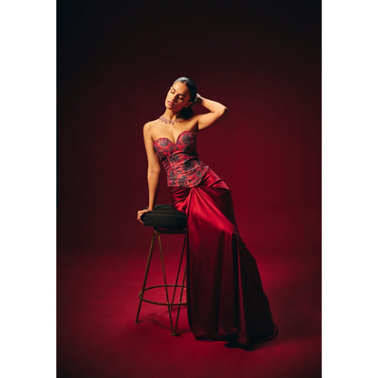 Roze Zyra Red Embroidered Corset Top with Skirt